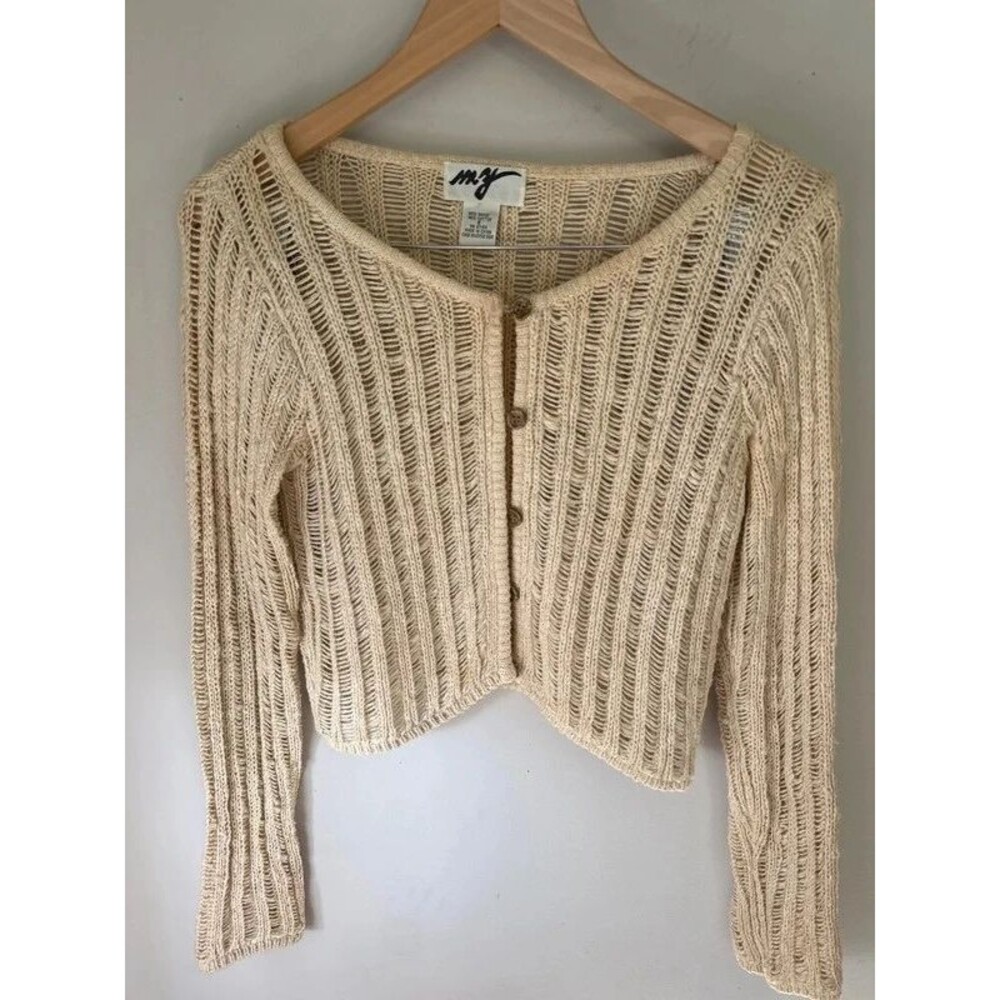 MY Cream Ramie Cotton Open Knit Cropped Cardigan Small